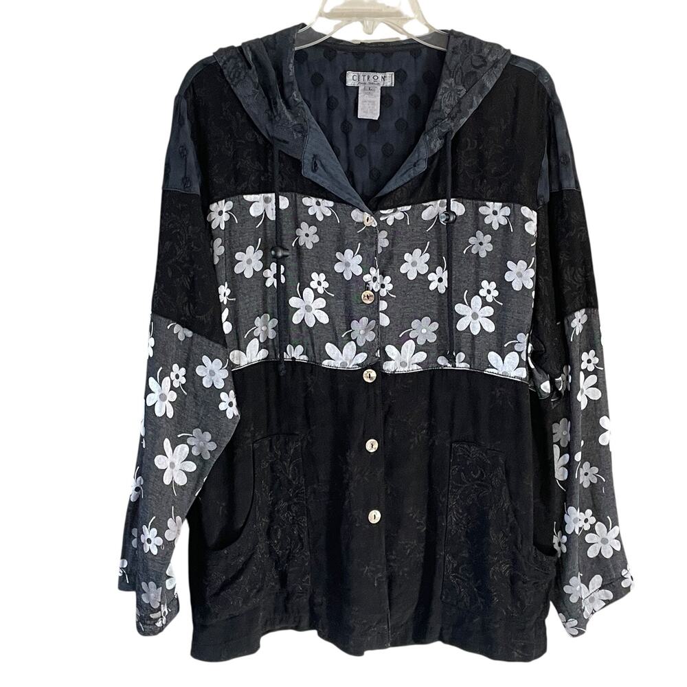 CITRON SANTA MONICA Women Size Large Black Daisy Hooded Button-Up Jacket VTG USA